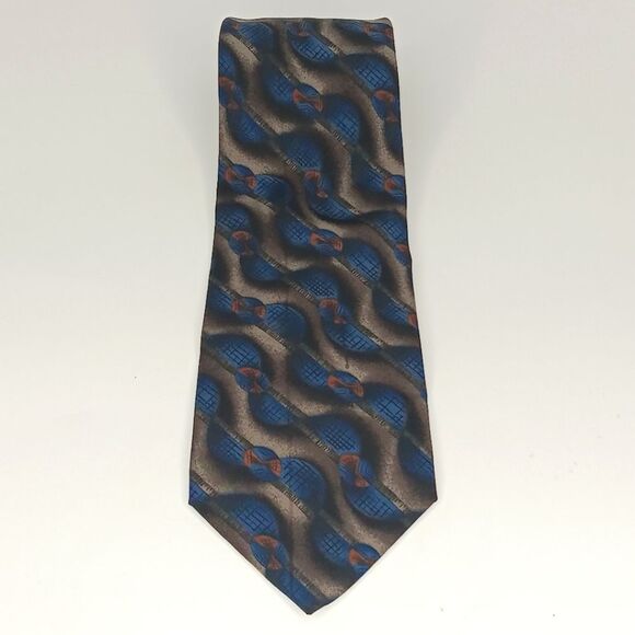 OSCAR DE LA RENTA Men’s Blue Brown Geometric Silk Tie Designer Classic Retro - Picture 2 of 7